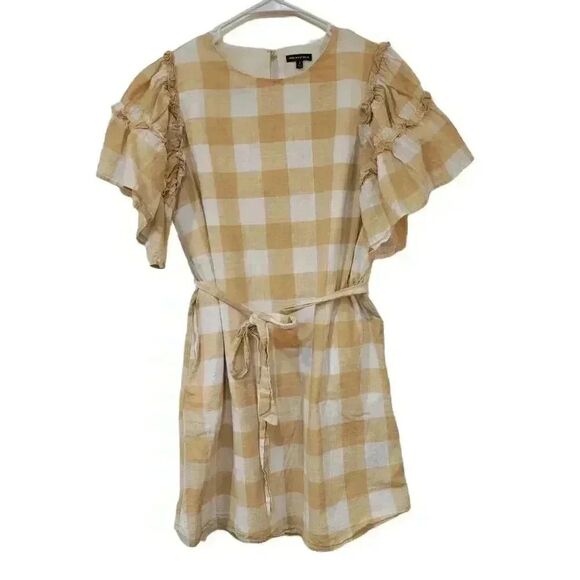 Who What Wear Women's Tan & White Cotton Large Gingham Checked Lined Dress w Ruf - Picture 3 of 14